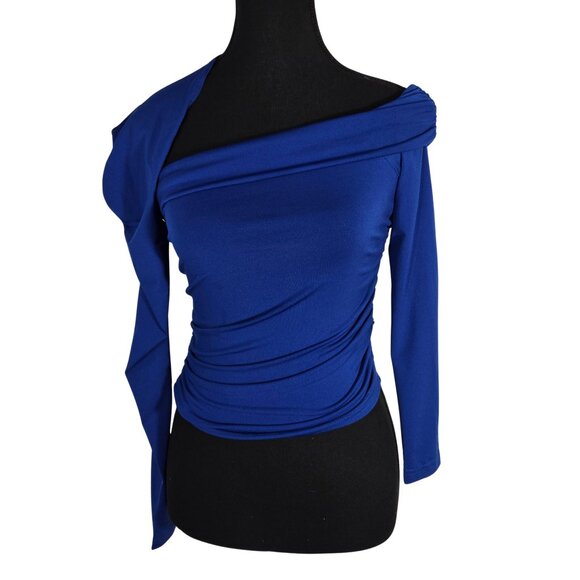 NWOT | Royal Blue Draped One Shoulder Long Sleeve Tie Top | Small - Picture 2 of 4